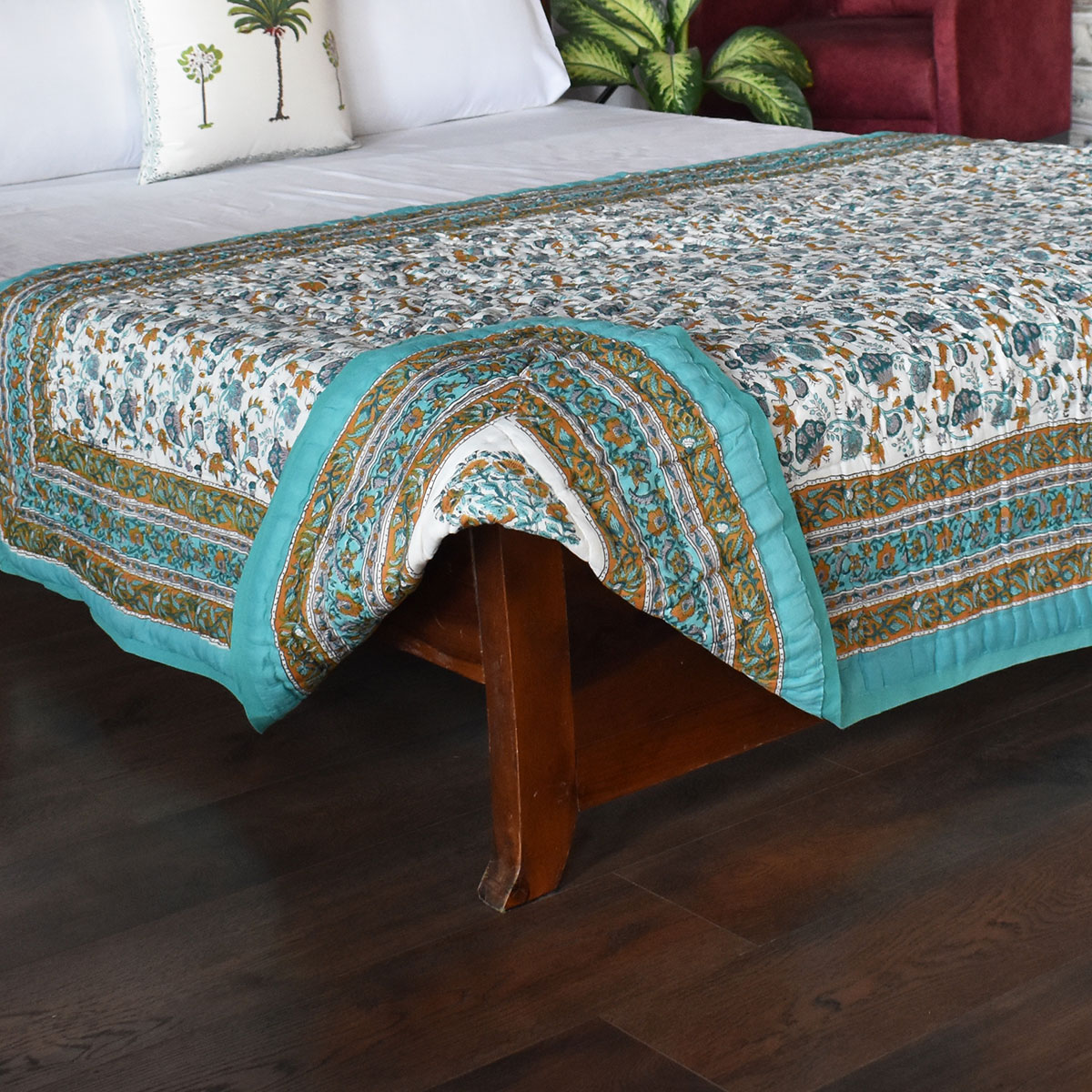 Hand Block Printed Cotton Twin Size Quilt  Genda Bale Ginger 805980