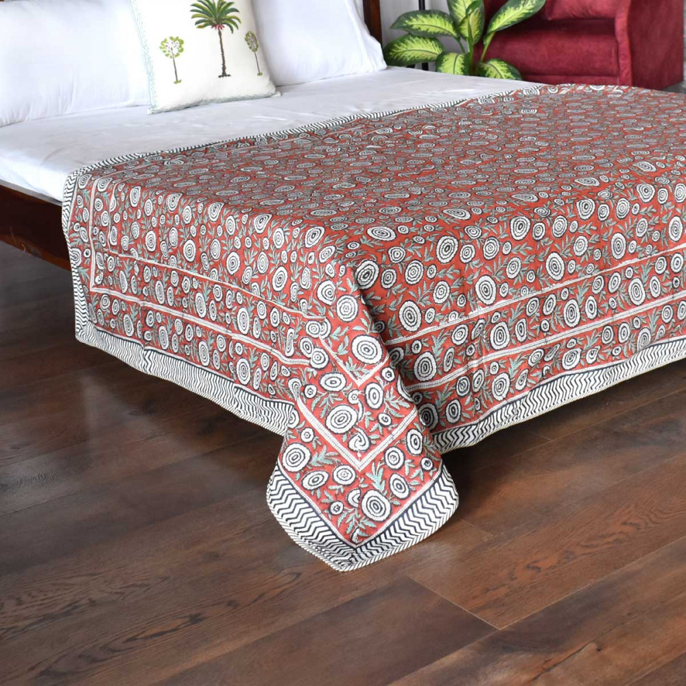 Image of Hand Block Printed Cotton Twin Size Dohar | Gol Phool Brown 205723