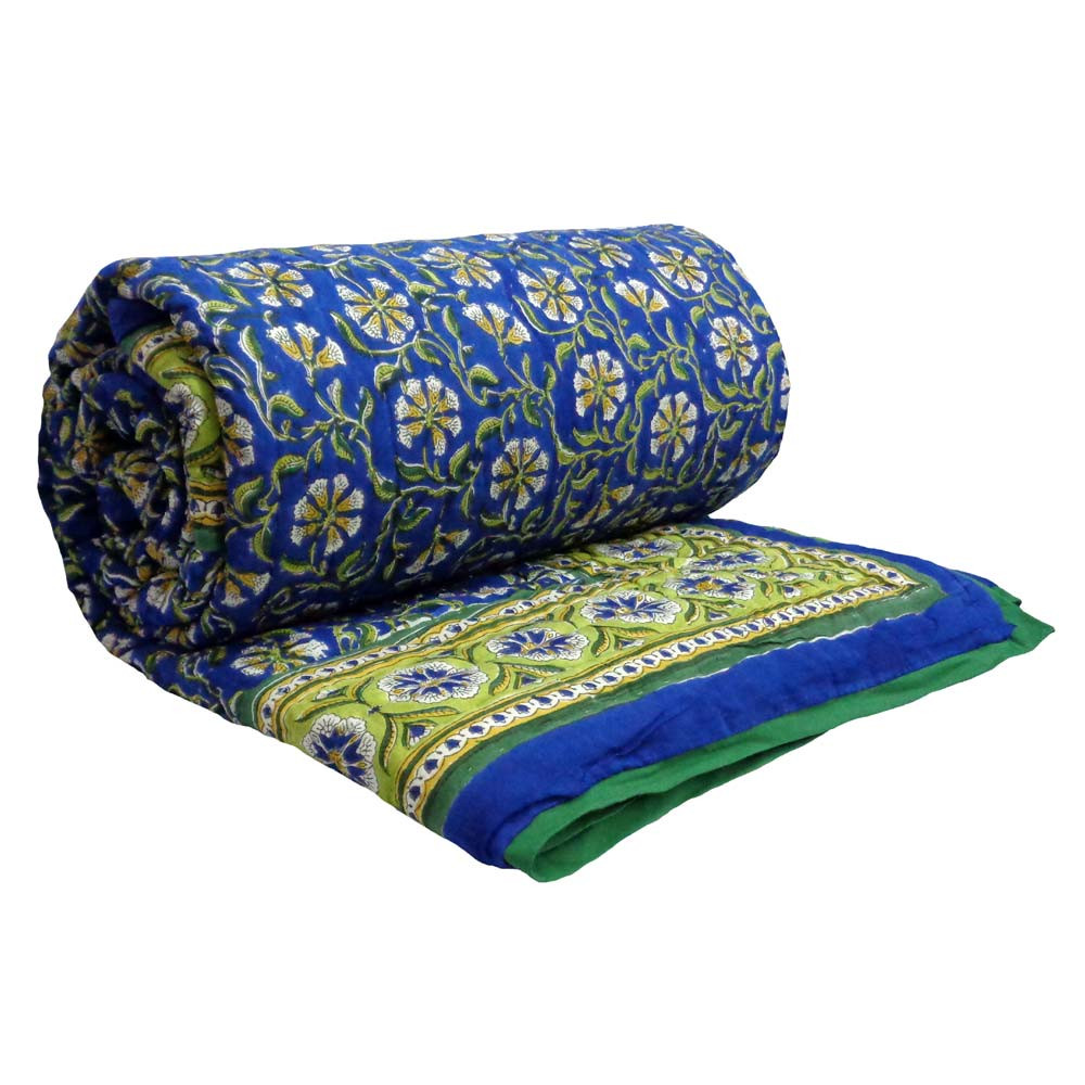 Hand Block Printed Cotton Twin Size Quilt Chakri Blue Gud 102656