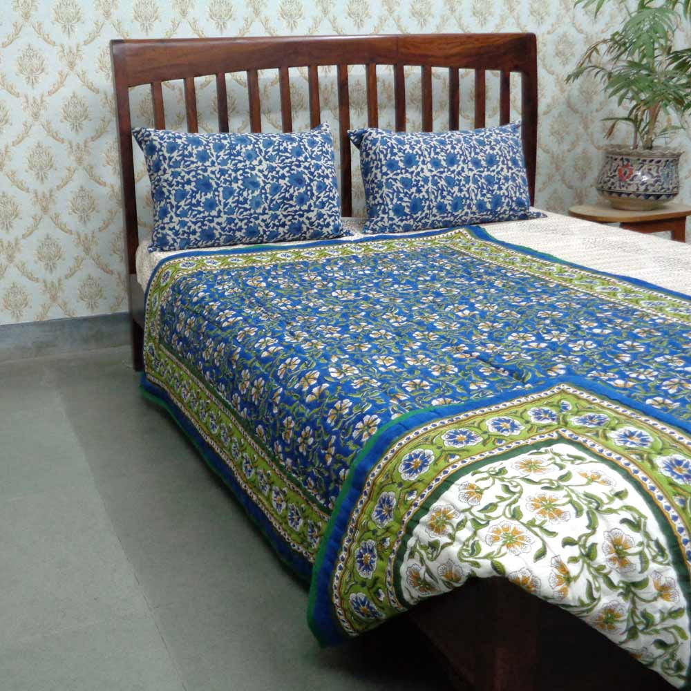 Hand  Block Printed Cotton Twin Size Quilt  Chakri Blue Gud 102656