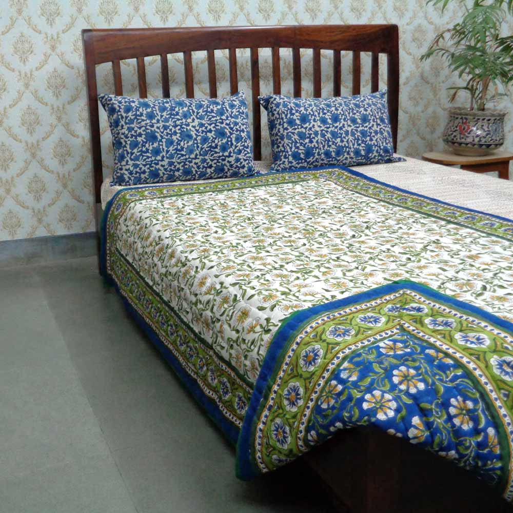 Hand Block Printed Cotton Twin Size Quilt Chakri Blue Gud 102656