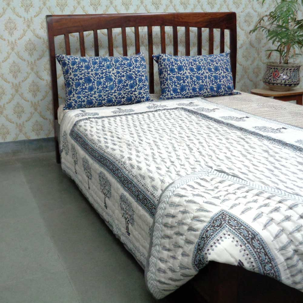 Hand Block Printed Cotton Twin Size Quilt Winter Fall Tree Grey 107195