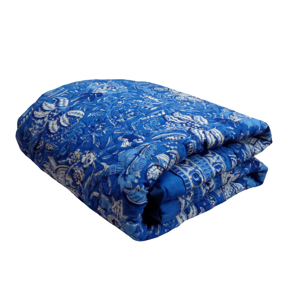 Hand Block Printed Baby Quilt 100x140 cm Jaipur Razai Anarkali Blue Gud 106797