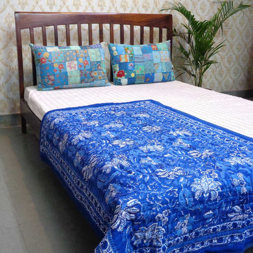 Hand Block Printed Baby Quilt 100x140 cm Jaipur Razai Anarkali Blue Gud 106797