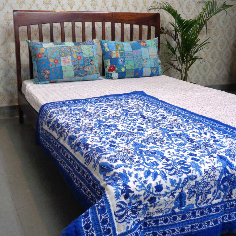 Hand Block Printed Baby Quilt 100x140 cm Jaipur Razai Anarkali Blue Gud 106797