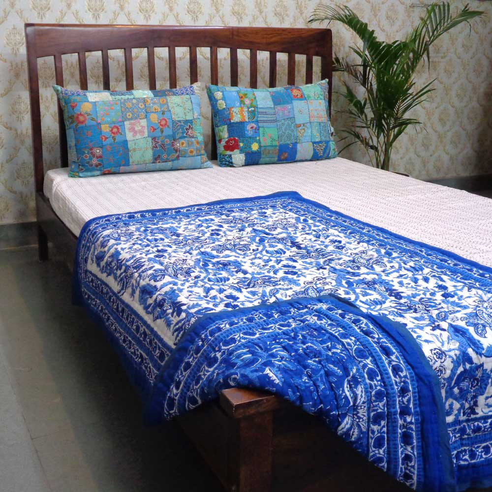 Hand Block Printed Baby Quilt 100x140 cm Jaipur Razai Anarkali Blue Gud 106797