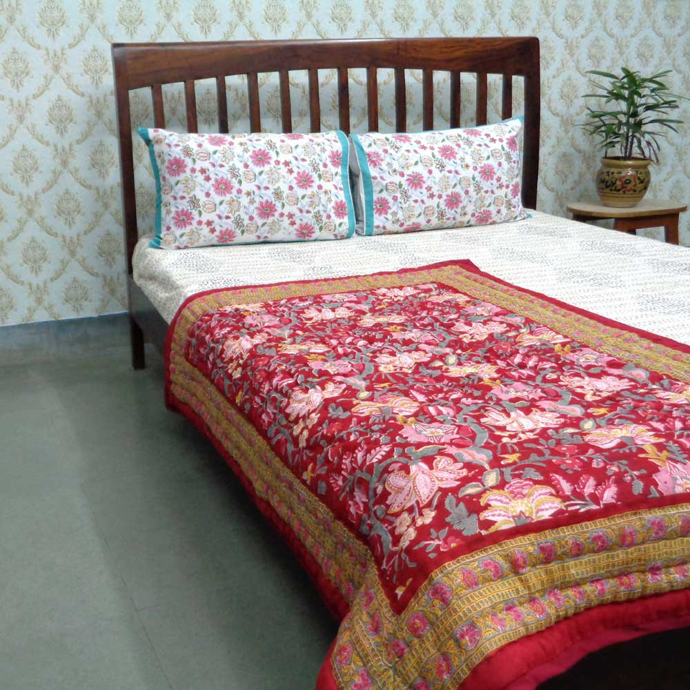 Hand Block Printed Baby Quilt 100x140 cm Jaipur Razai Anarkali Red Gud 201397