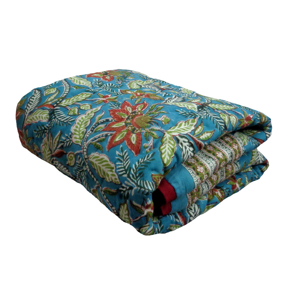 Hand Block Printed Baby Quilt 100x140 cm Jaipur Razai Bossanova Green Gud 393939