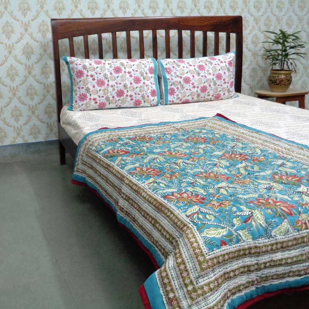 Hand Block Printed Baby Quilt 100x140 cm Jaipur Razai Bossanova Green Gud 393939