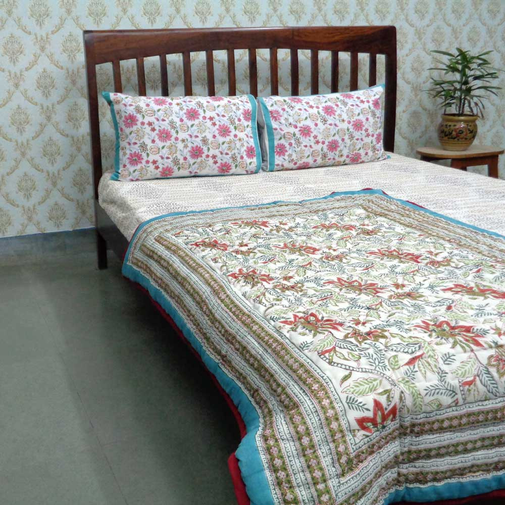 Hand Block Printed Baby Quilt 100x140 cm Jaipur Razai Bossanova Green Gud 393939