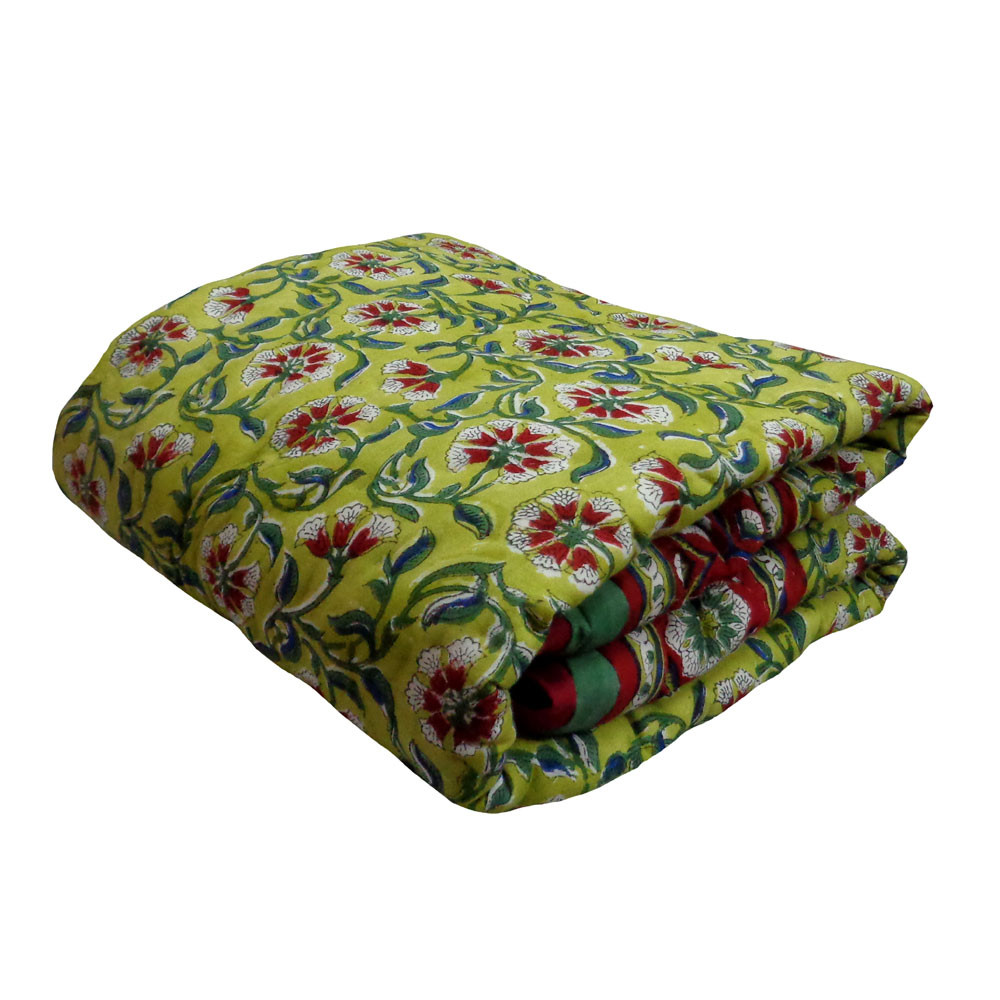 Hand Block Printed Baby Quilt 100x140 cm Jaipur Razai Chakri Green 104402