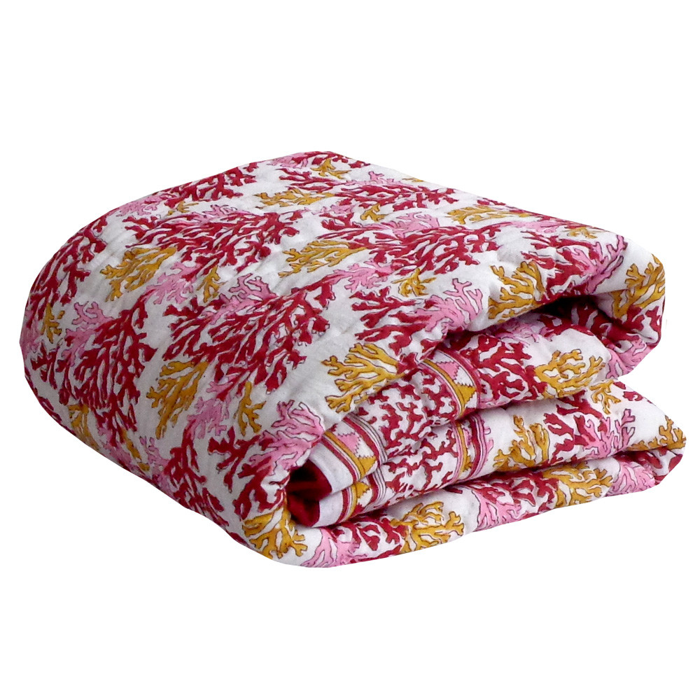 Image of Hand Block Printed Baby Quilt – 100x140 cm Jaipur Razai | Coral Multi Red 701927