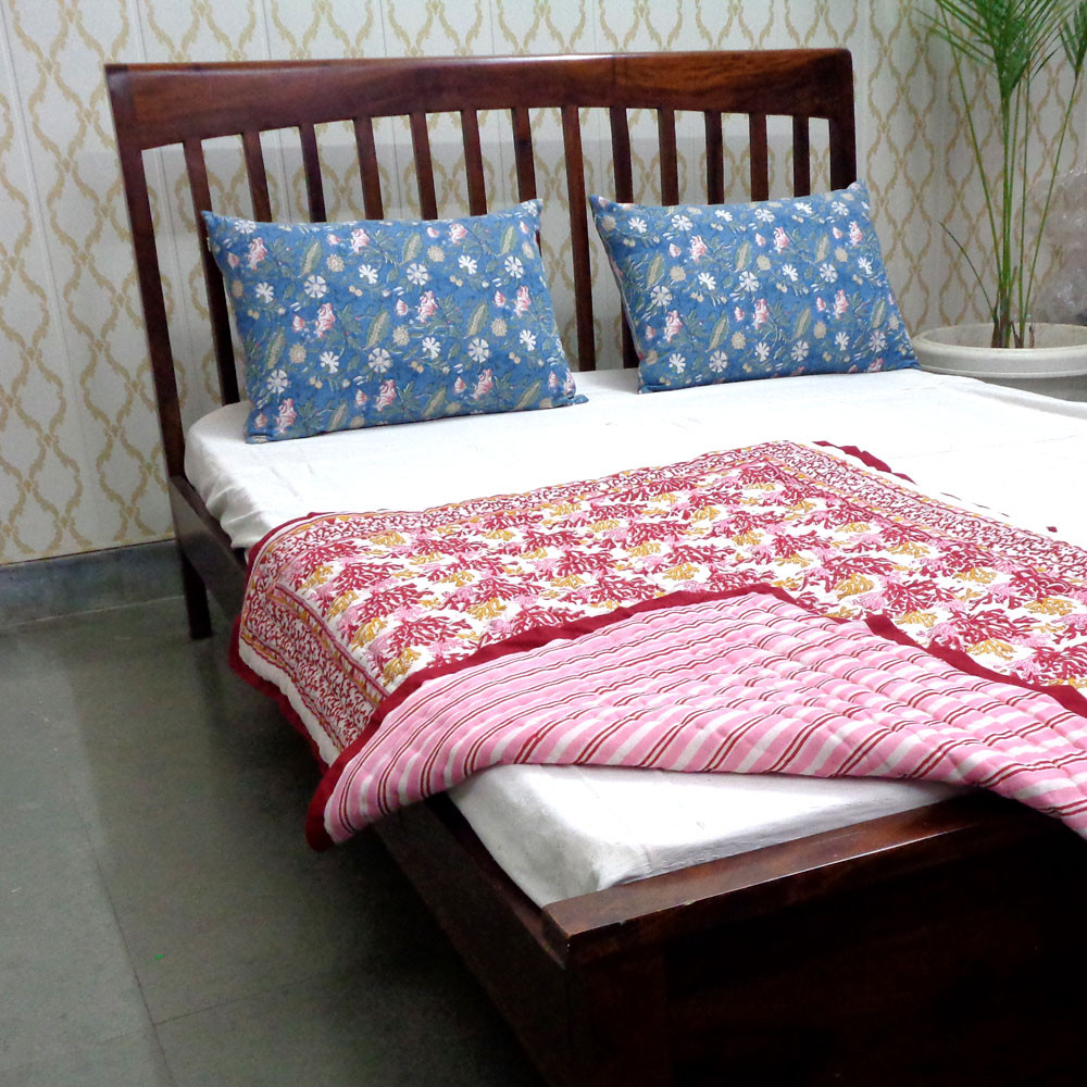 Hand Block Printed Baby Quilt 100x140 cm Jaipur Razai Coral Multi Red 701927