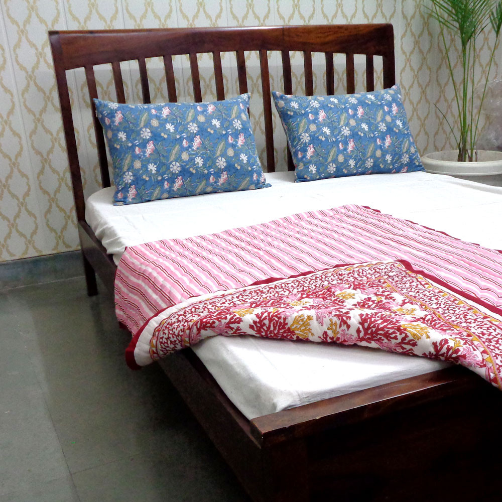 Hand Block Printed Baby Quilt 100x140 cm Jaipur Razai Coral Multi Red 701927