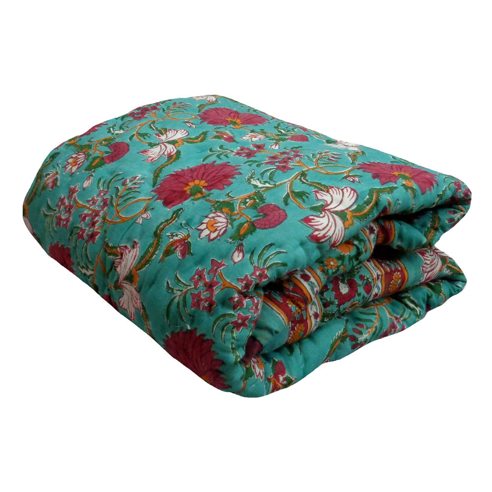 Hand Block Printed Baby Quilt 100x140 cm Jaipur Razai Flower Blossom Jade 104415