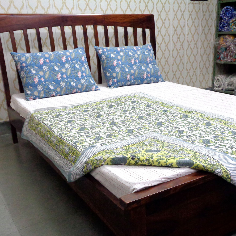 Hand Block Printed Baby Quilt  100x140 cm Jaipur Razai  Garden Glade 701880