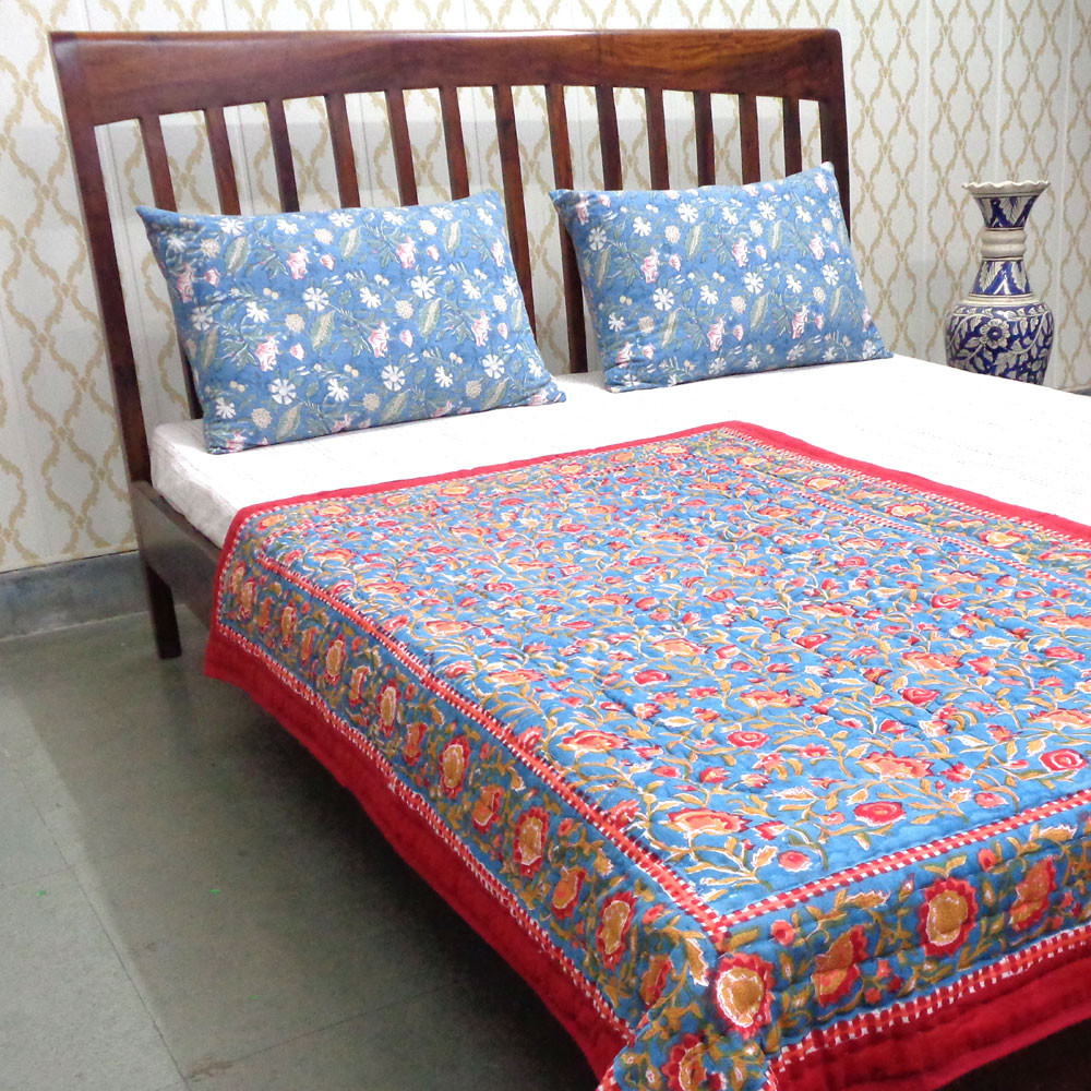 Hand Block Printed Baby Quilt 100x140 cm Jaipur Razai Kashida Gud 302011