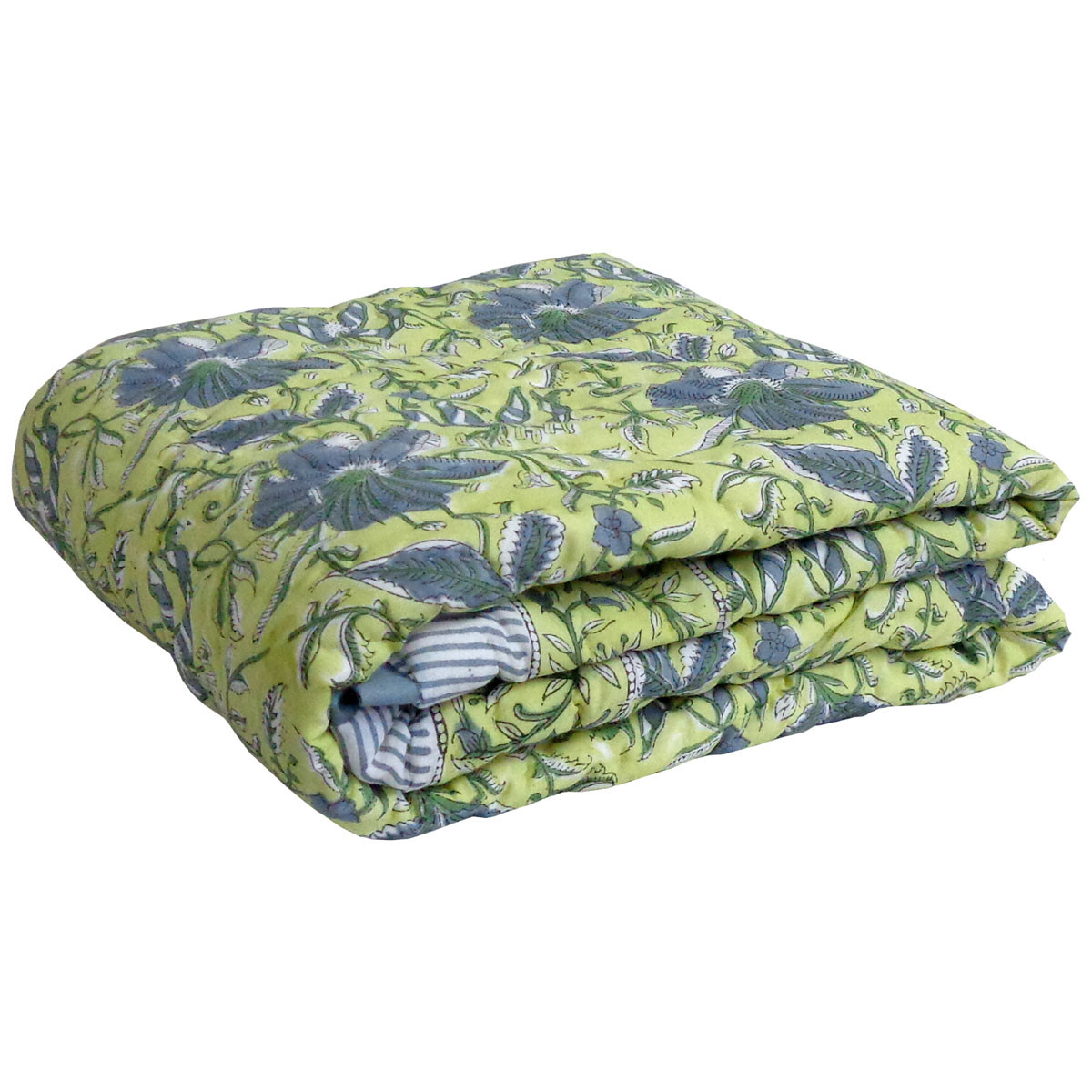 Hand Block Printed Baby Quilt 100x140 cm Jaipur Razai Olive Flower Gud 602183