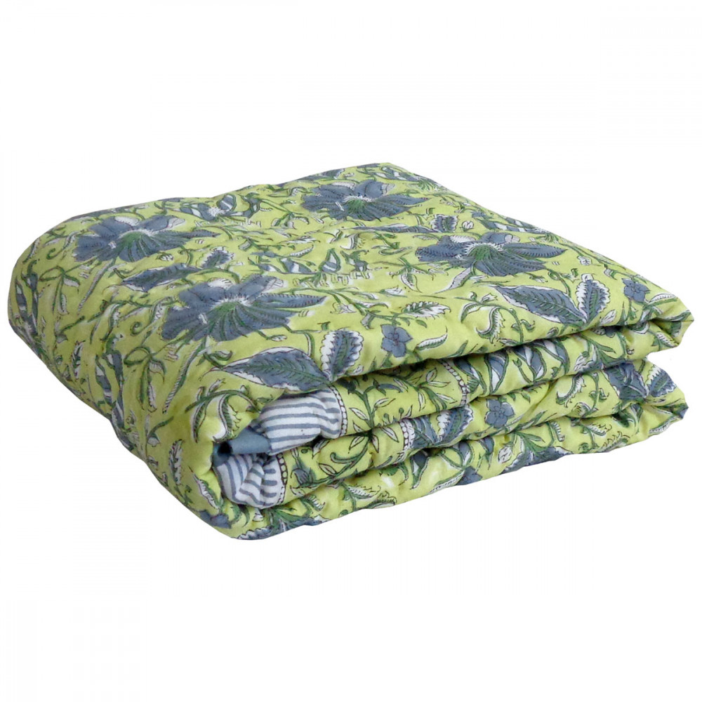 Image of Hand Block Printed Baby Quilt – 100x140 cm Jaipur Razai | Olive Flower Gud 602183