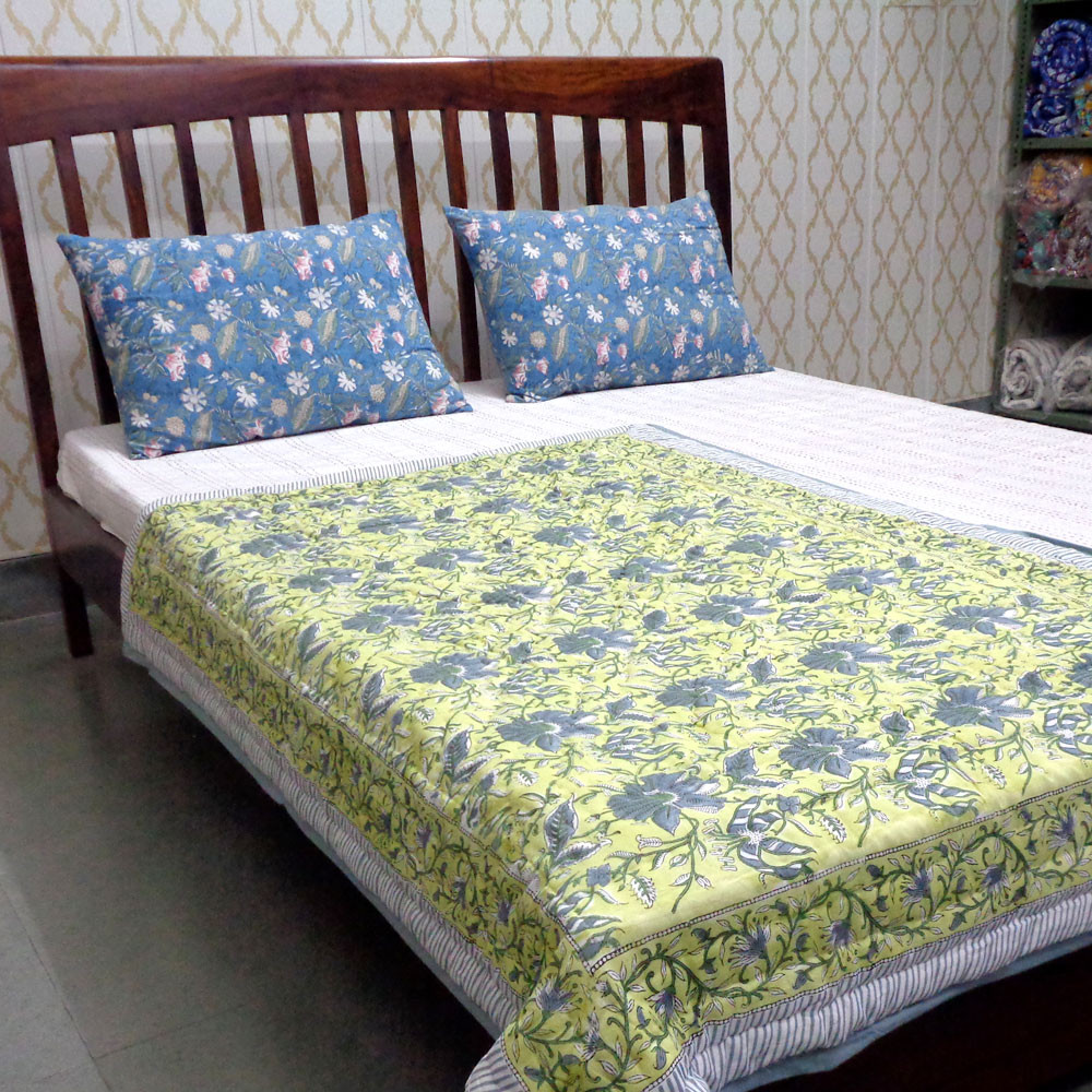 Hand Block Printed Baby Quilt  100x140 cm Jaipur Razai  Olive Flower Gud 602183