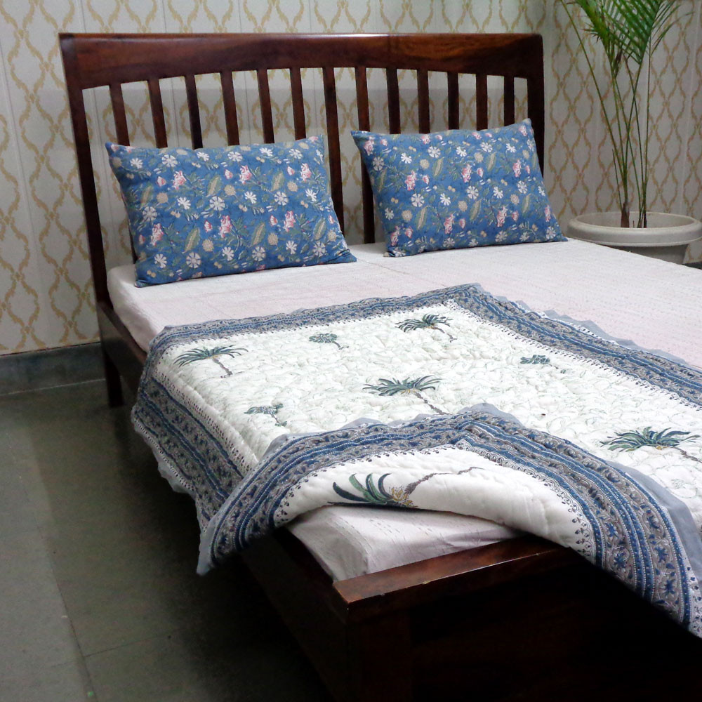 Hand Block Printed Baby Quilt  100x140 cm Jaipur Razai  Palm Tree Blue 203492