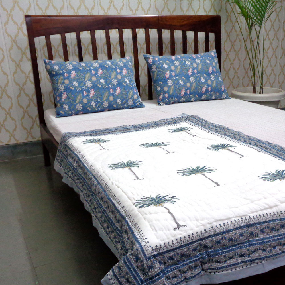 Hand Block Printed Baby Quilt 100x140 cm Jaipur Razai Palm Tree Blue 203492