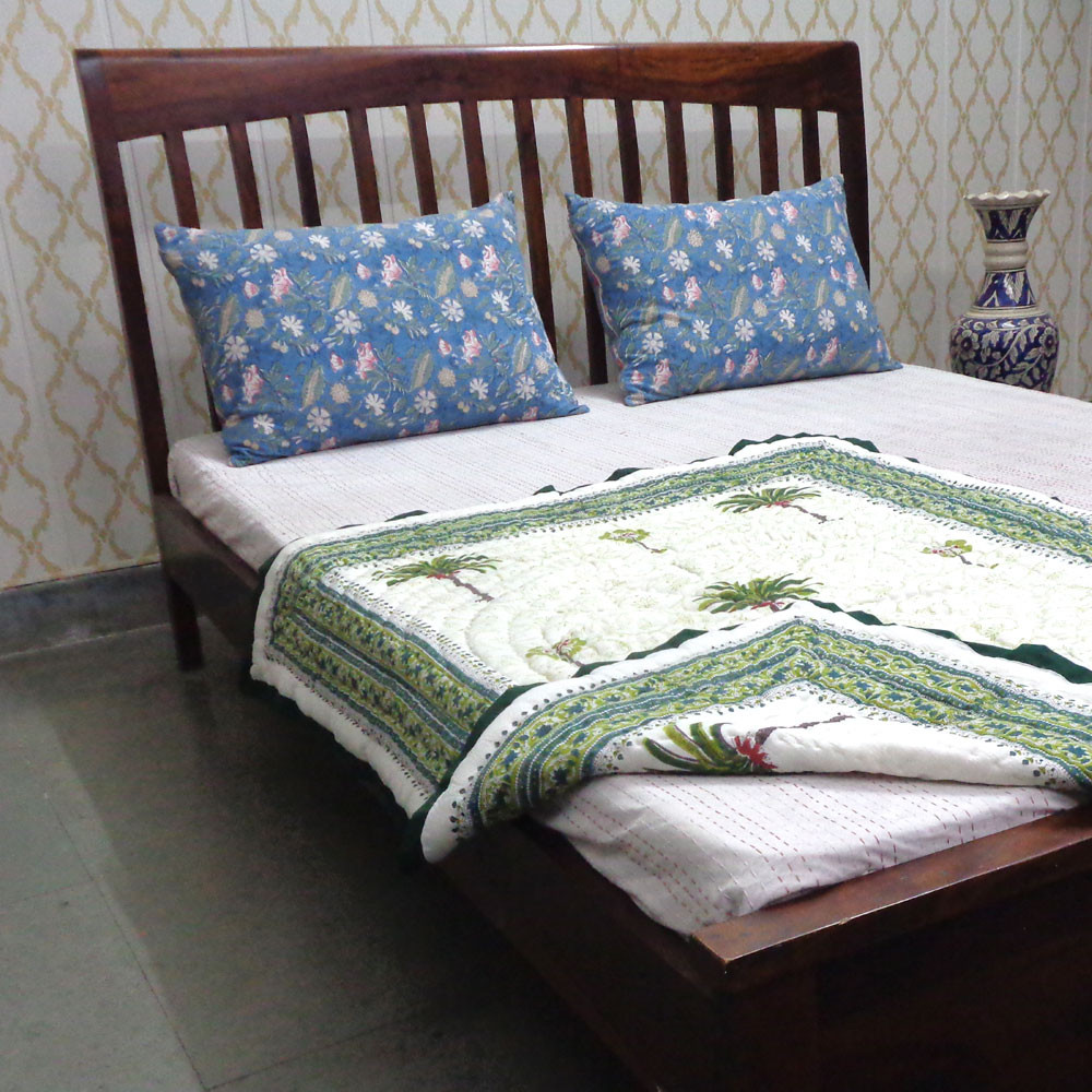 Hand Block Printed Baby Quilt  100x140 cm Jaipur Razai  Palm Tree Green 109024