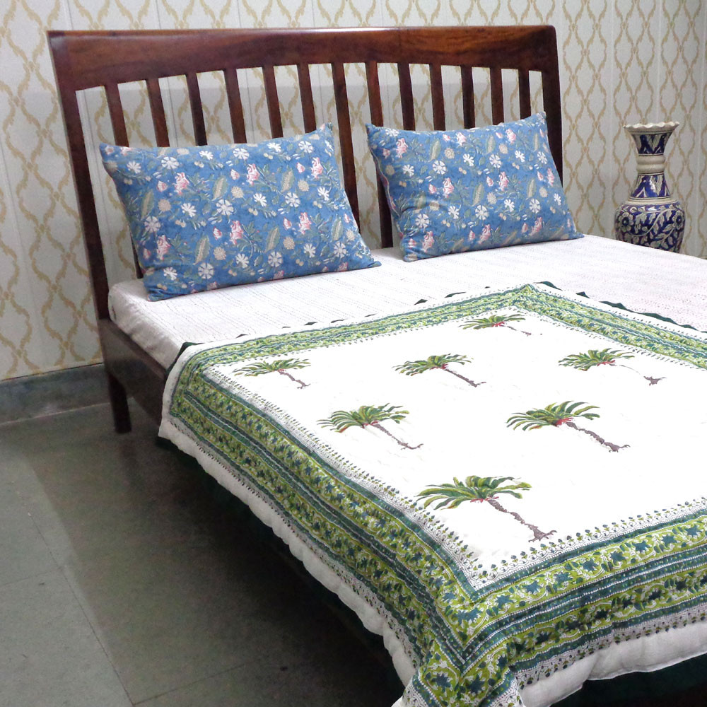 Hand Block Printed Baby Quilt  100x140 cm Jaipur Razai  Palm Tree Green 109024
