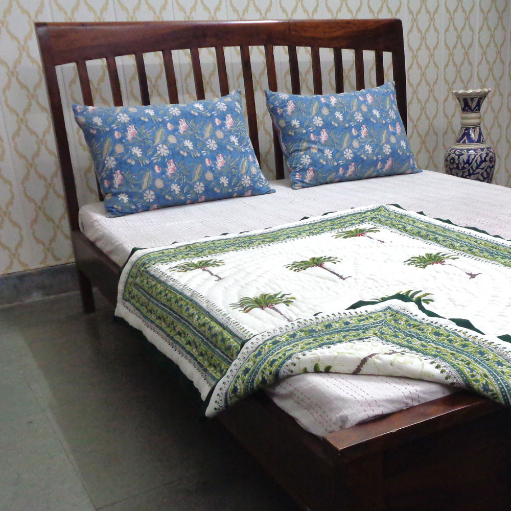 Hand Block Printed Baby Quilt  100x140 cm Jaipur Razai  Palm Tree Green 109024