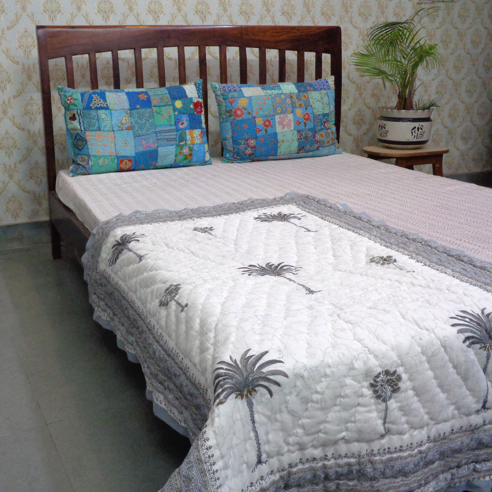 Hand Block Printed Baby Quilt  100x140 cm Jaipur Razai  Palm Tree Grey 203495