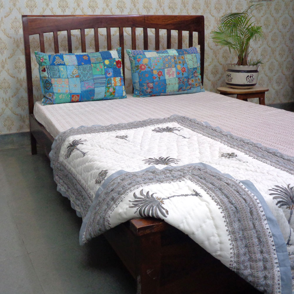 Hand Block Printed Baby Quilt  100x140 cm Jaipur Razai  Palm Tree Grey 203495