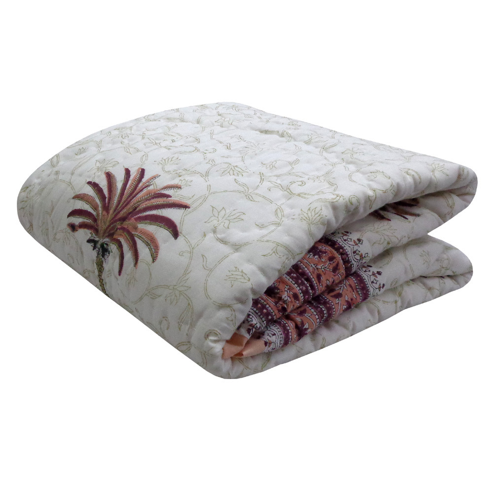 Hand Block Printed Baby Quilt  100x140 cm Jaipur Razai  Palm Tree Pink 203488