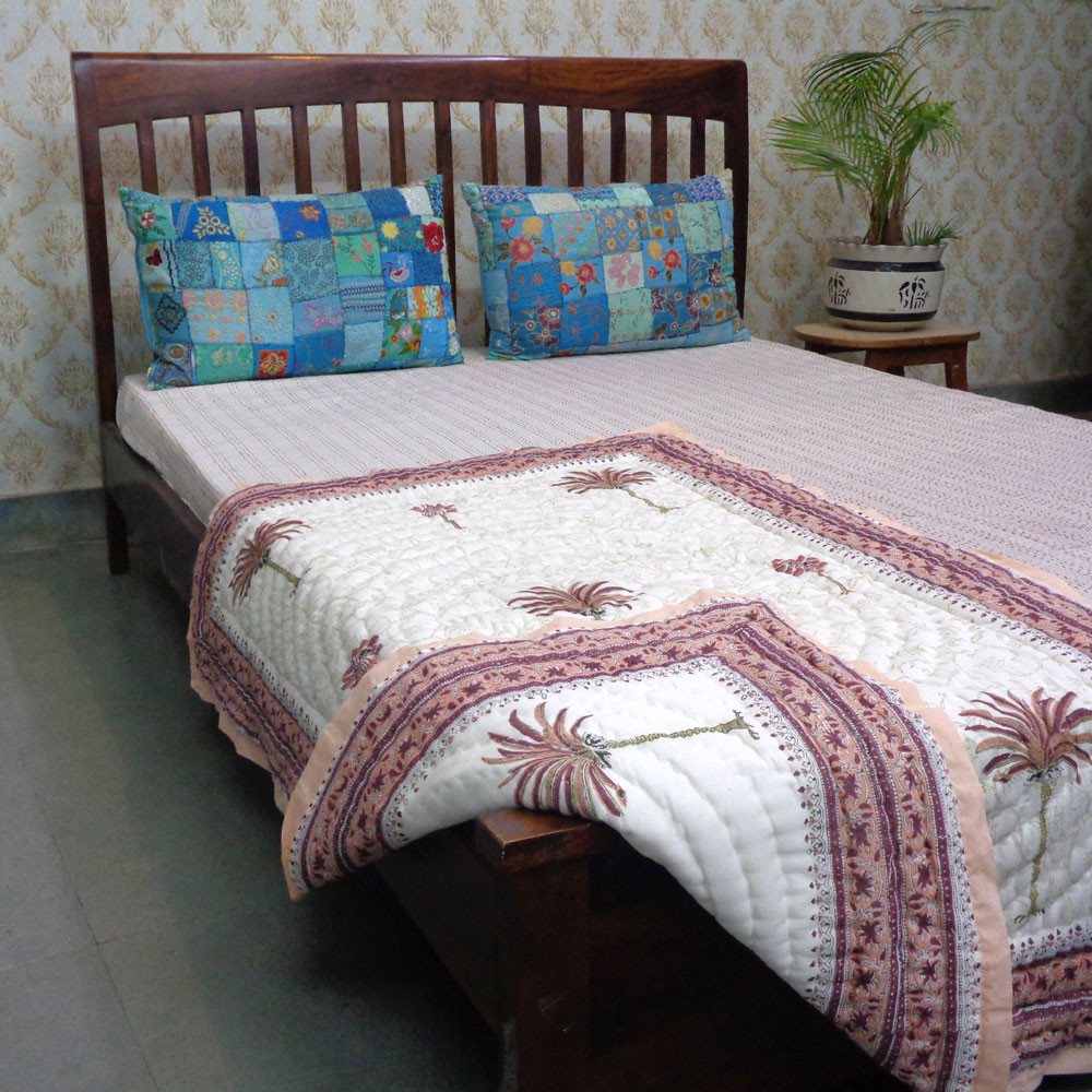 Hand Block Printed Baby Quilt  100x140 cm Jaipur Razai  Palm Tree Pink 203488
