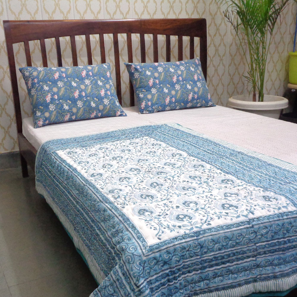 Hand Block Printed Baby Quilt 100x140 cm Jaipur Razai Pan Leaf Blue 309622