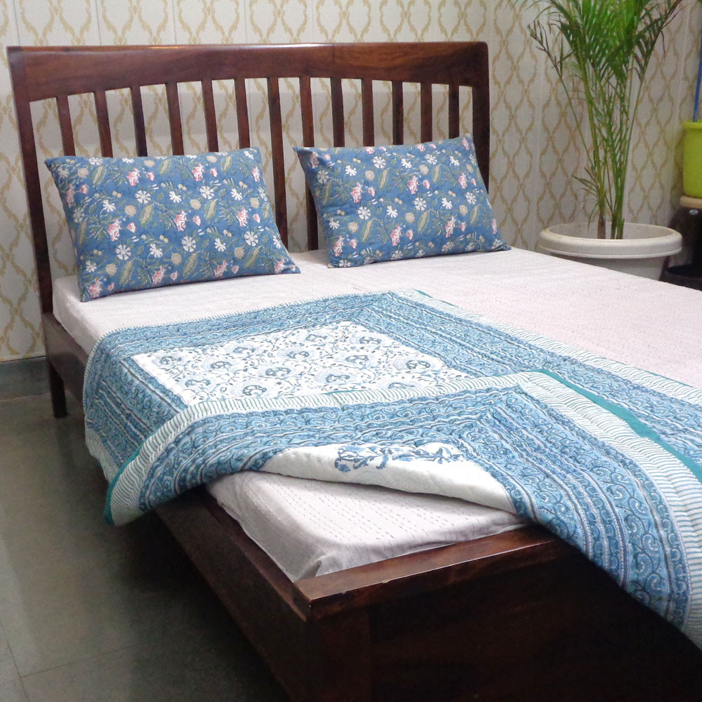 Hand Block Printed Baby Quilt 100x140 cm Jaipur Razai Pan Leaf Blue 309622
