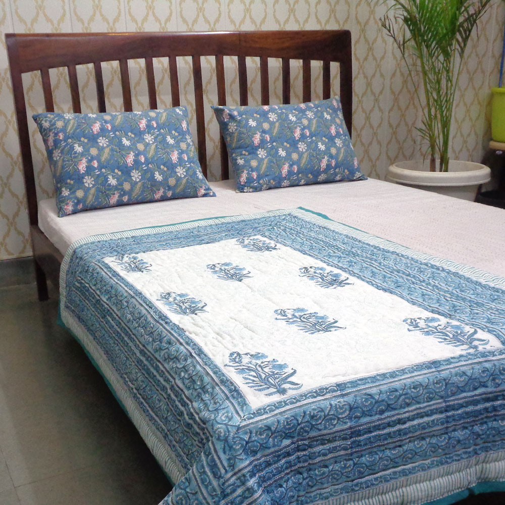 Hand Block Printed Baby Quilt 100x140 cm Jaipur Razai Pan Leaf Blue 309622
