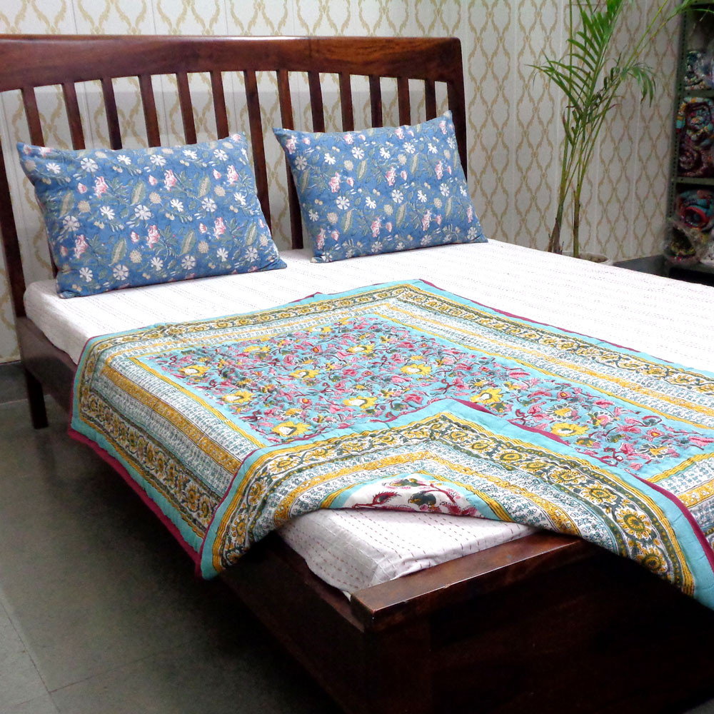 Hand Block Printed Baby Quilt 100x140 cm Jaipur Razai Phuljhari Jade Gud 602160