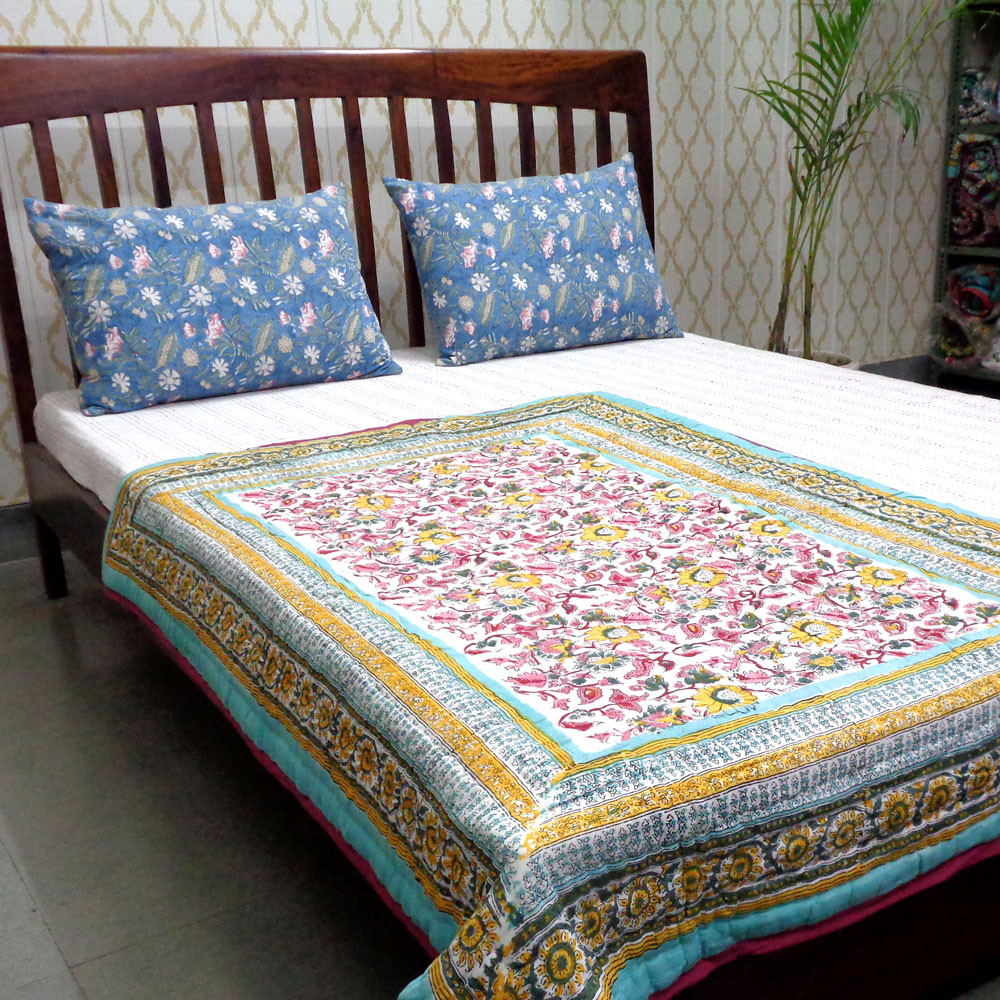 Hand Block Printed Baby Quilt 100x140 cm Jaipur Razai Phuljhari Jade Gud 602160