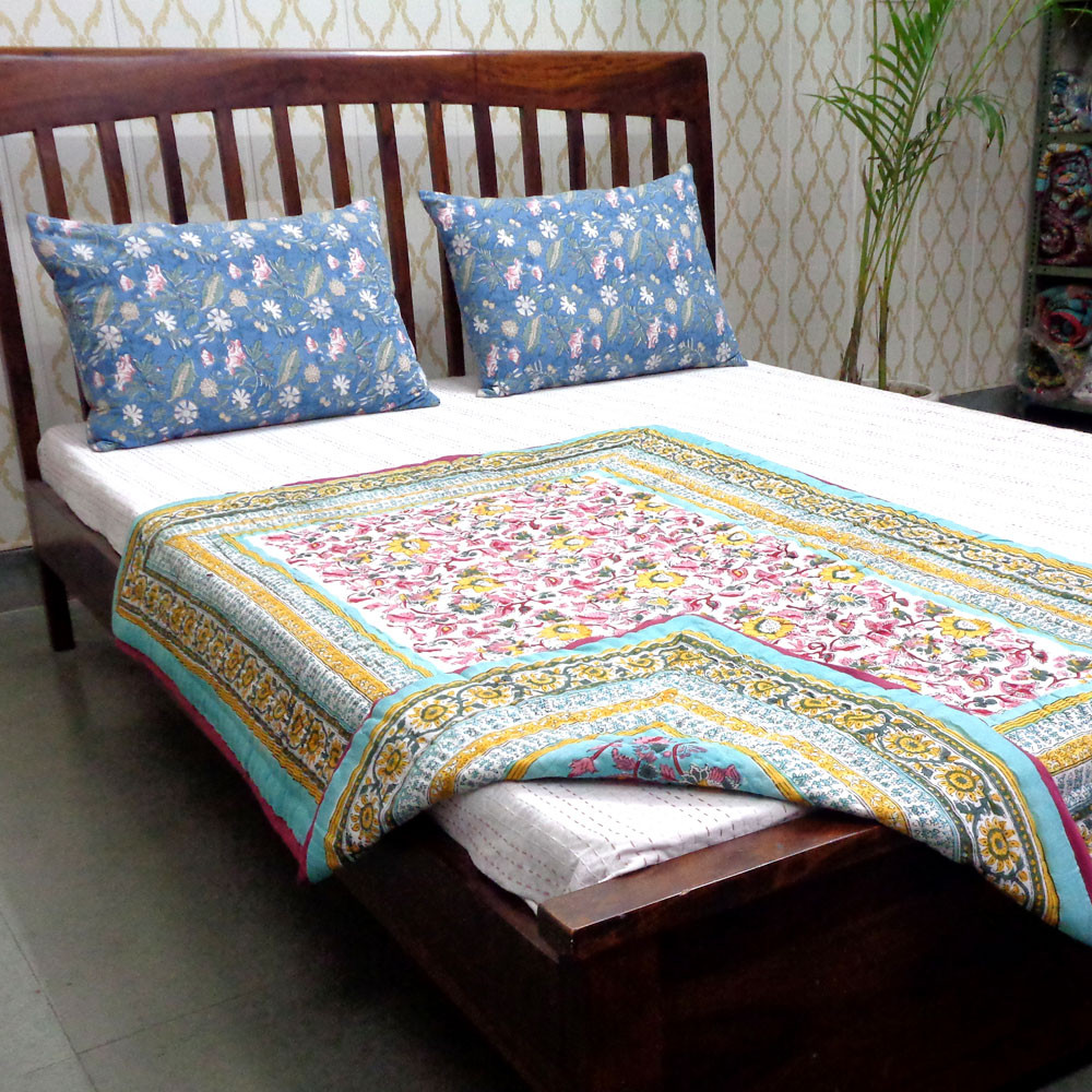Hand Block Printed Baby Quilt 100x140 cm Jaipur Razai Phuljhari Jade Gud 602160