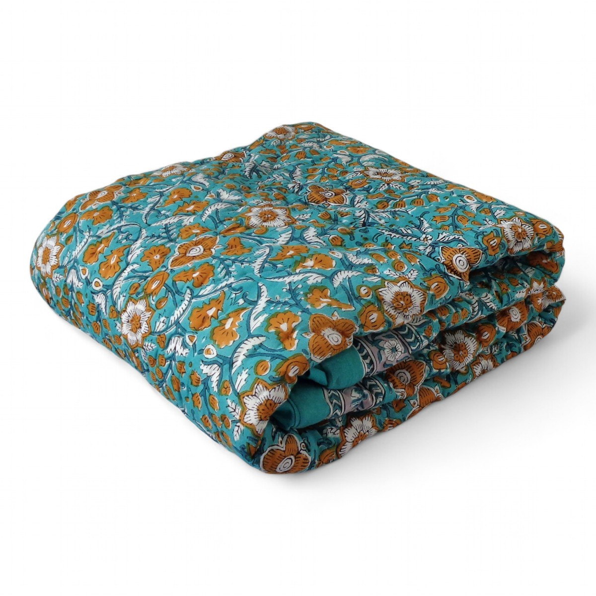 Hand Block Printed Baby Quilt 100x140 cm Jaipur Razai Phulwari Blue Tint 700651