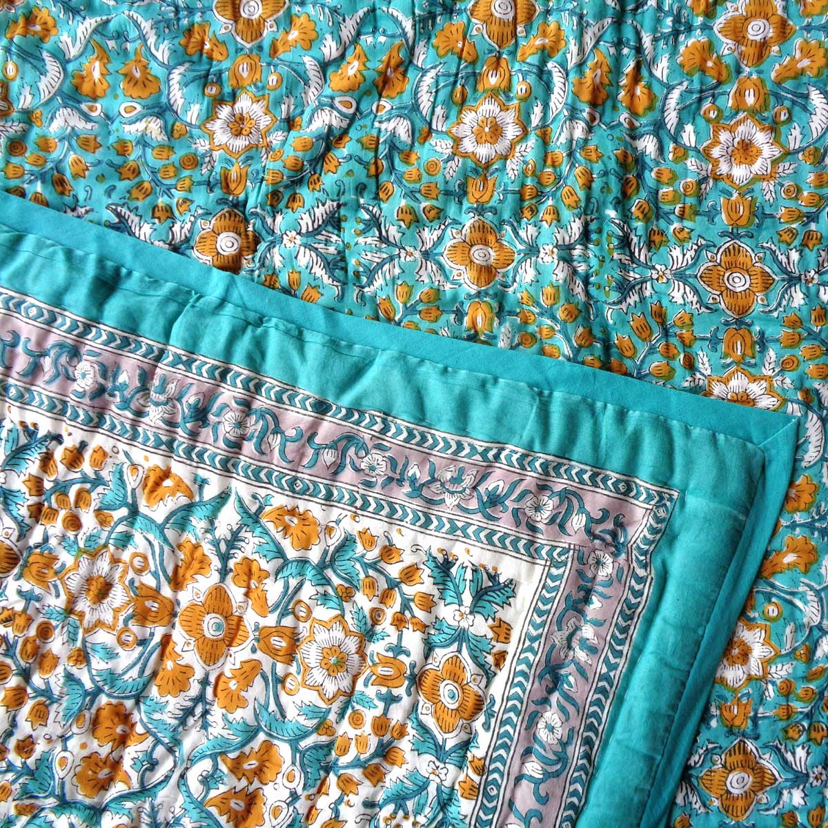 Hand Block Printed Baby Quilt 100x140 cm Jaipur Razai Phulwari Blue Tint 700651