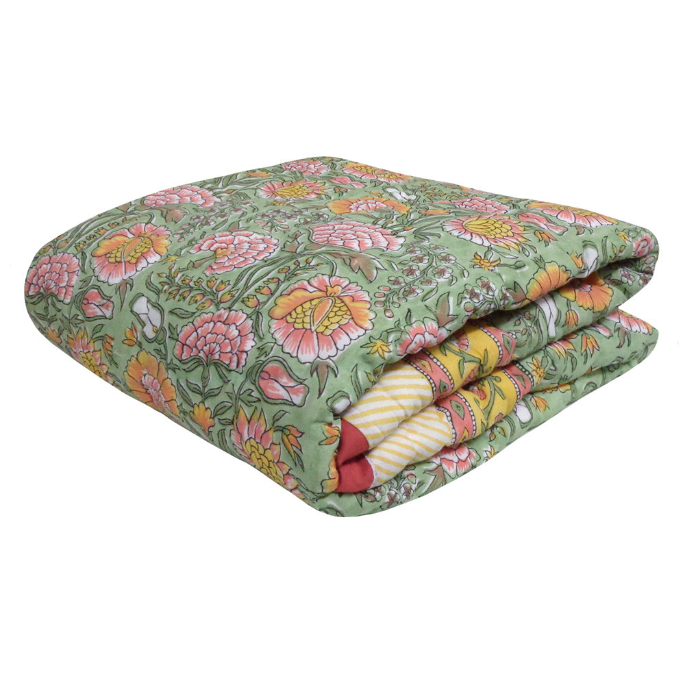 Image of Hand Block Printed Baby Quilt – 100x140 cm Jaipur Razai | Reshma Sea Green 205971