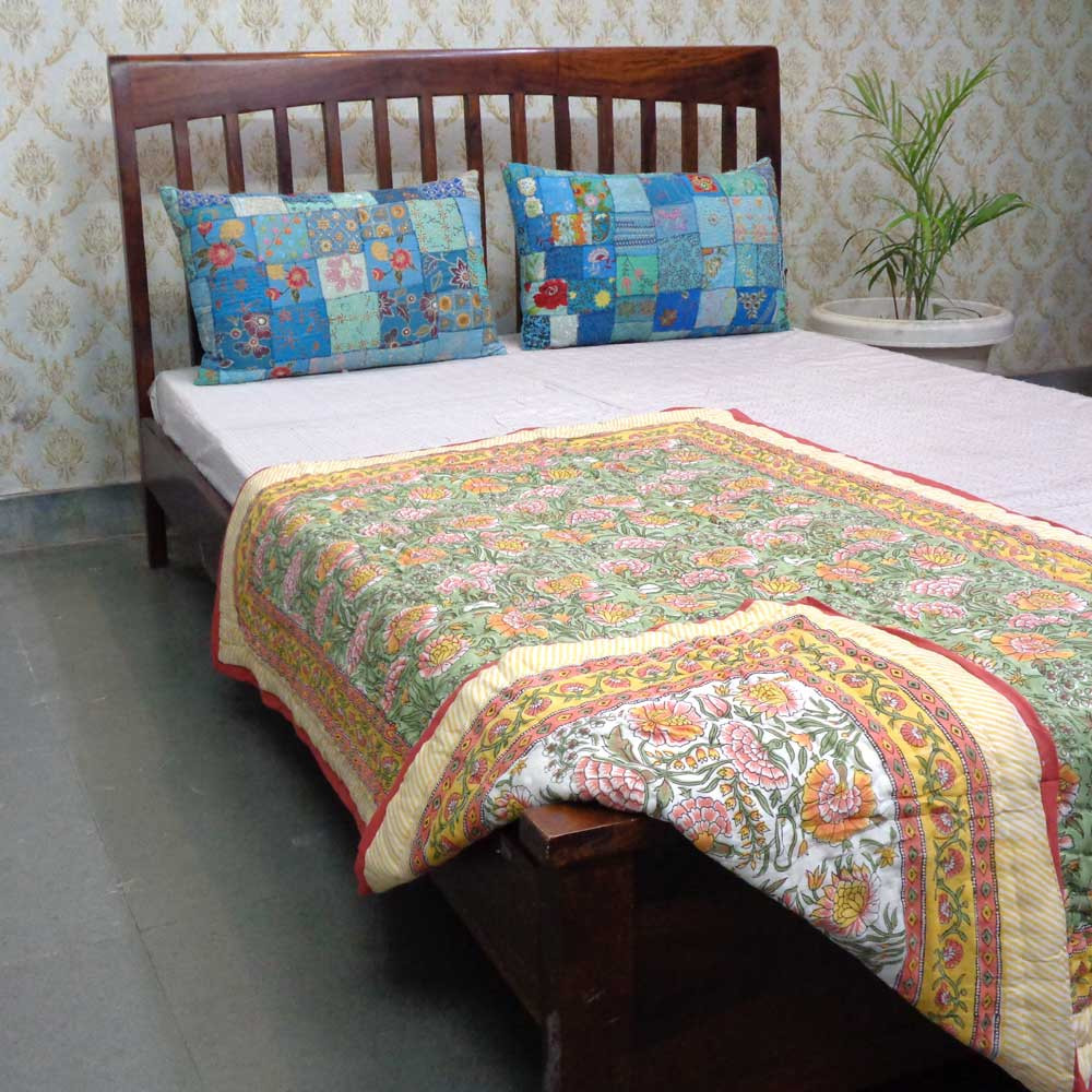 Hand Block Printed Baby Quilt 100x140 cm Jaipur Razai Reshma Sea Green 205971