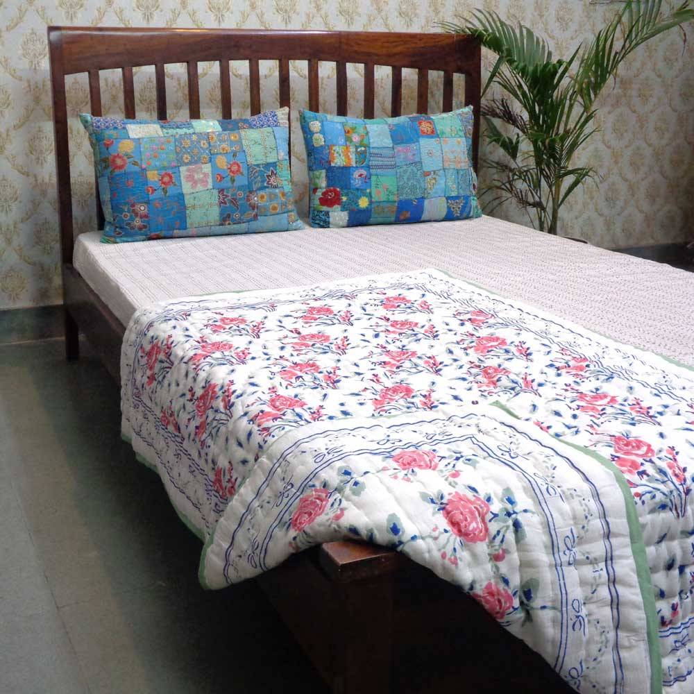 Hand Block Printed Baby Quilt 100x140 cm Jaipur Razai Roseline Pink 108751
