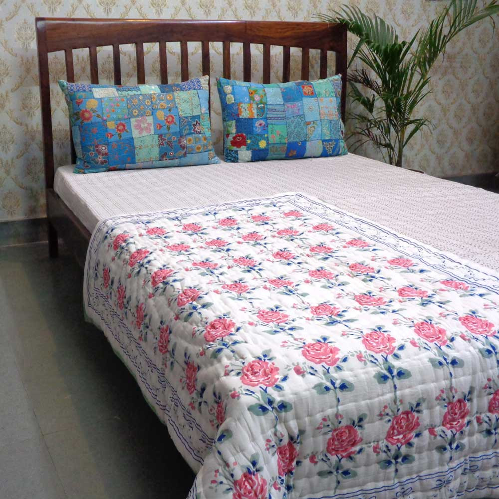 Hand Block Printed Baby Quilt 100x140 cm Jaipur Razai Roseline Pink 108751