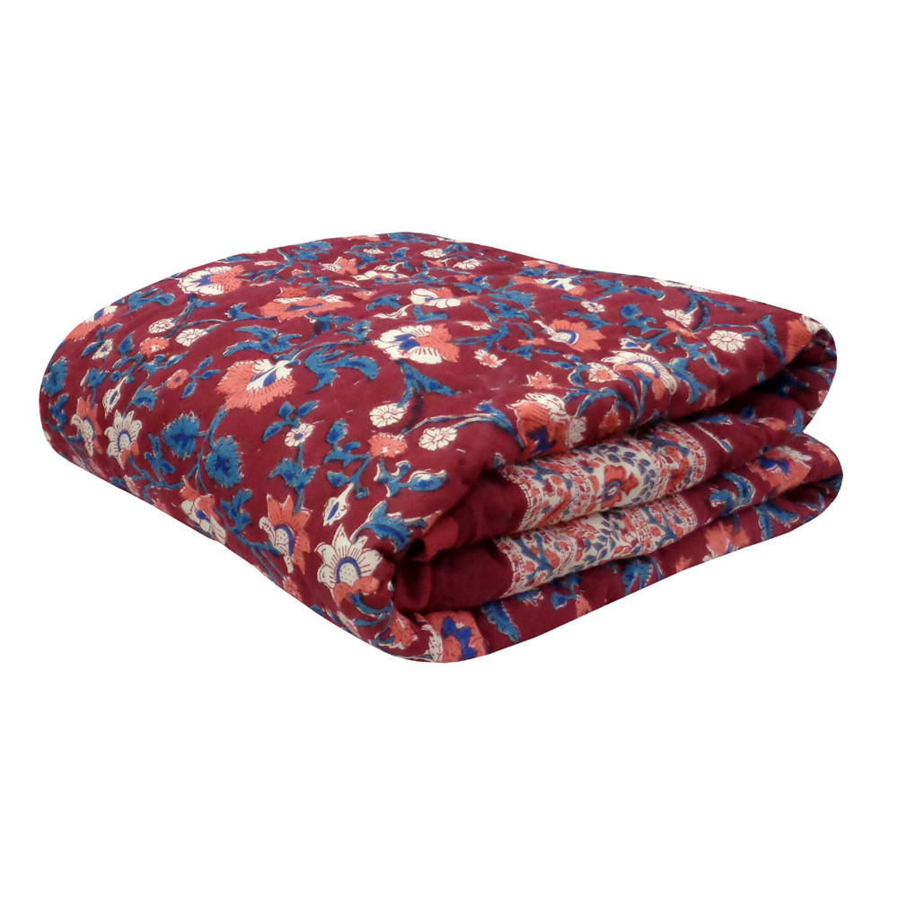 Hand Block Printed Baby Quilt 100x140 cm Jaipur Razai Rukhsana Maroon Gud 105823