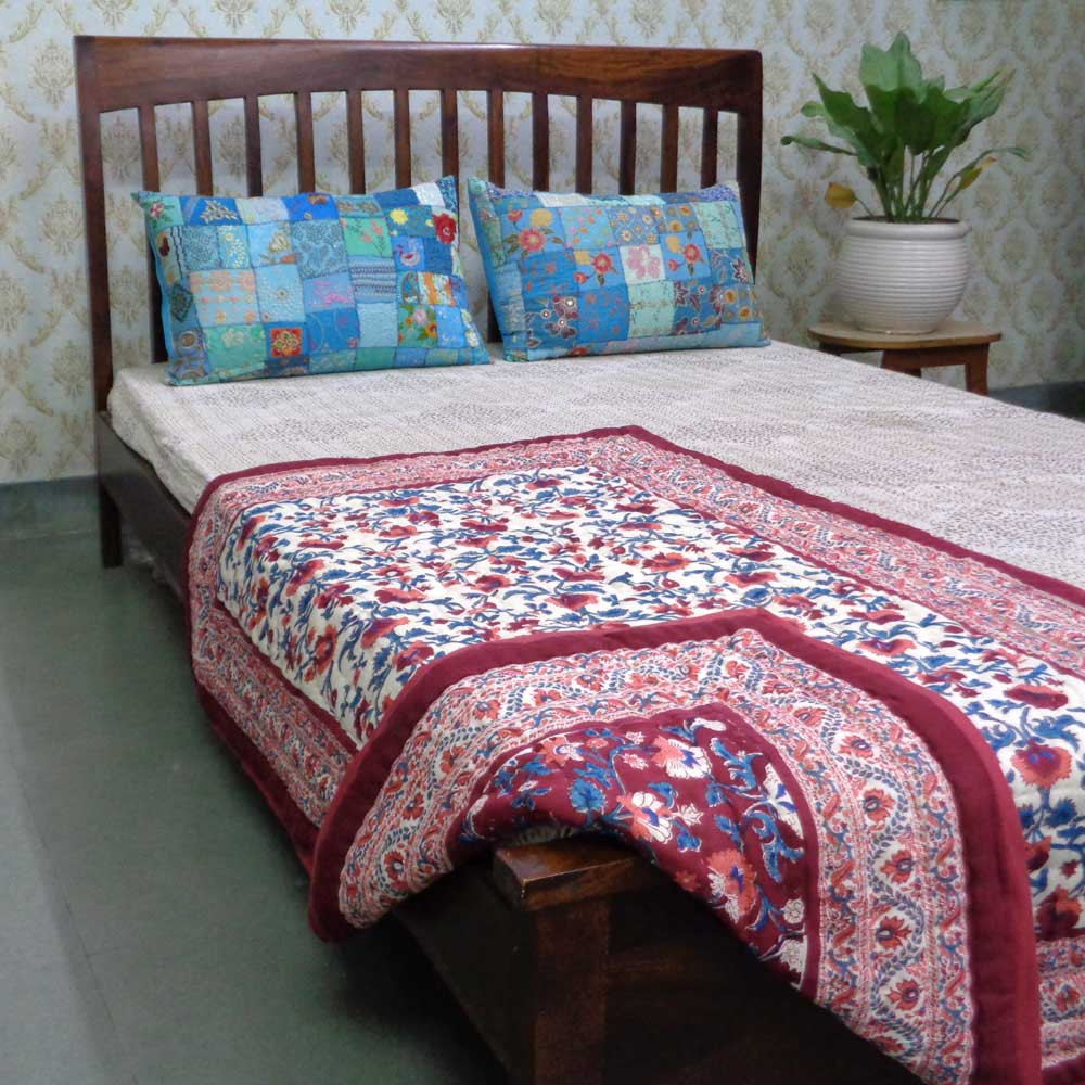 Hand Block Printed Baby Quilt 100x140 cm Jaipur Razai Rukhsana Maroon Gud 105823