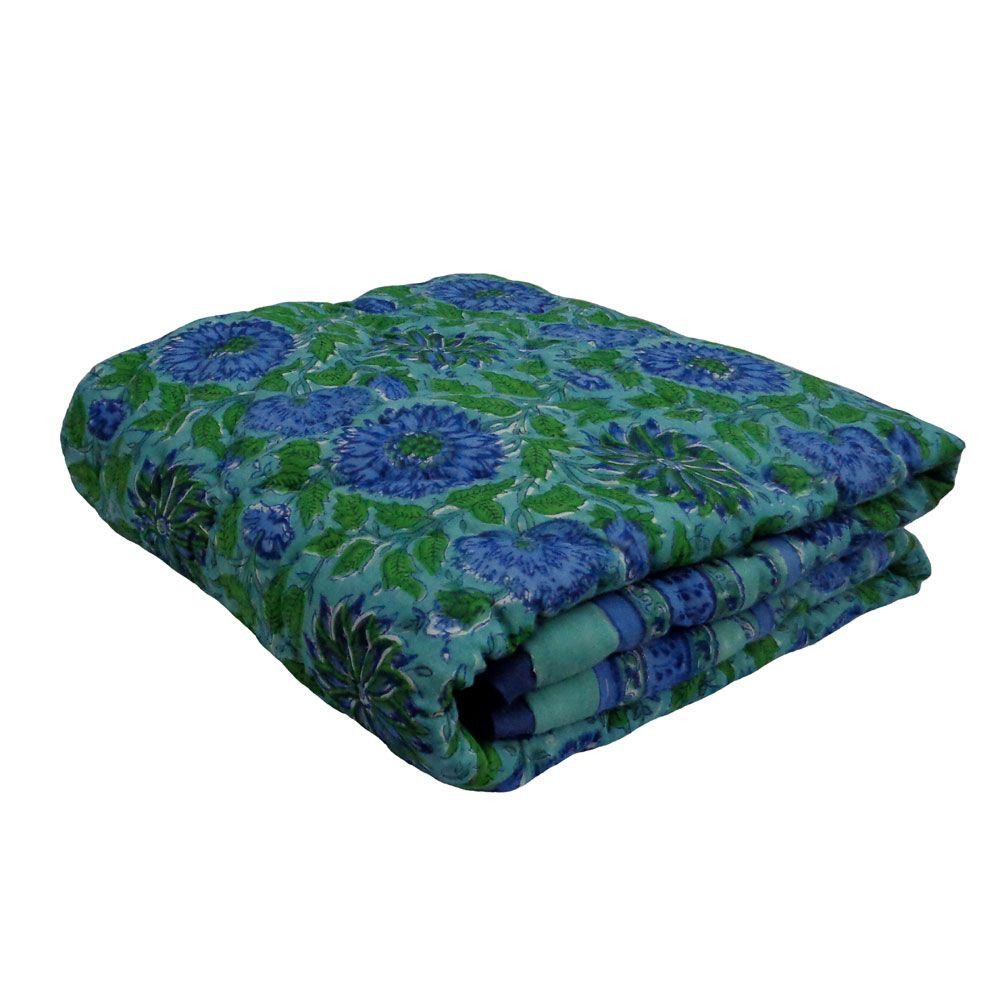 Hand Block Printed Baby Quilt 100x140 cm Jaipur Razai Surajmukhi Blue 0988