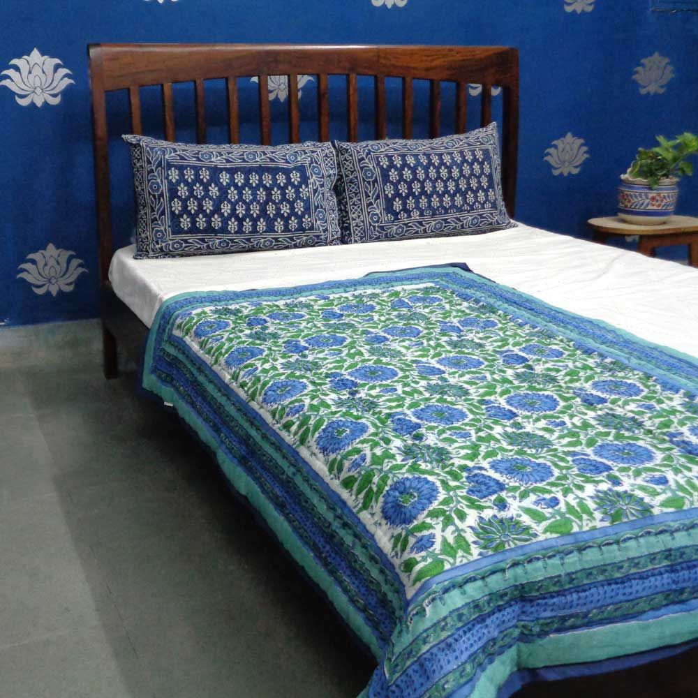 Hand Block Printed Baby Quilt 100x140 cm Jaipur Razai Surajmukhi Blue 0988