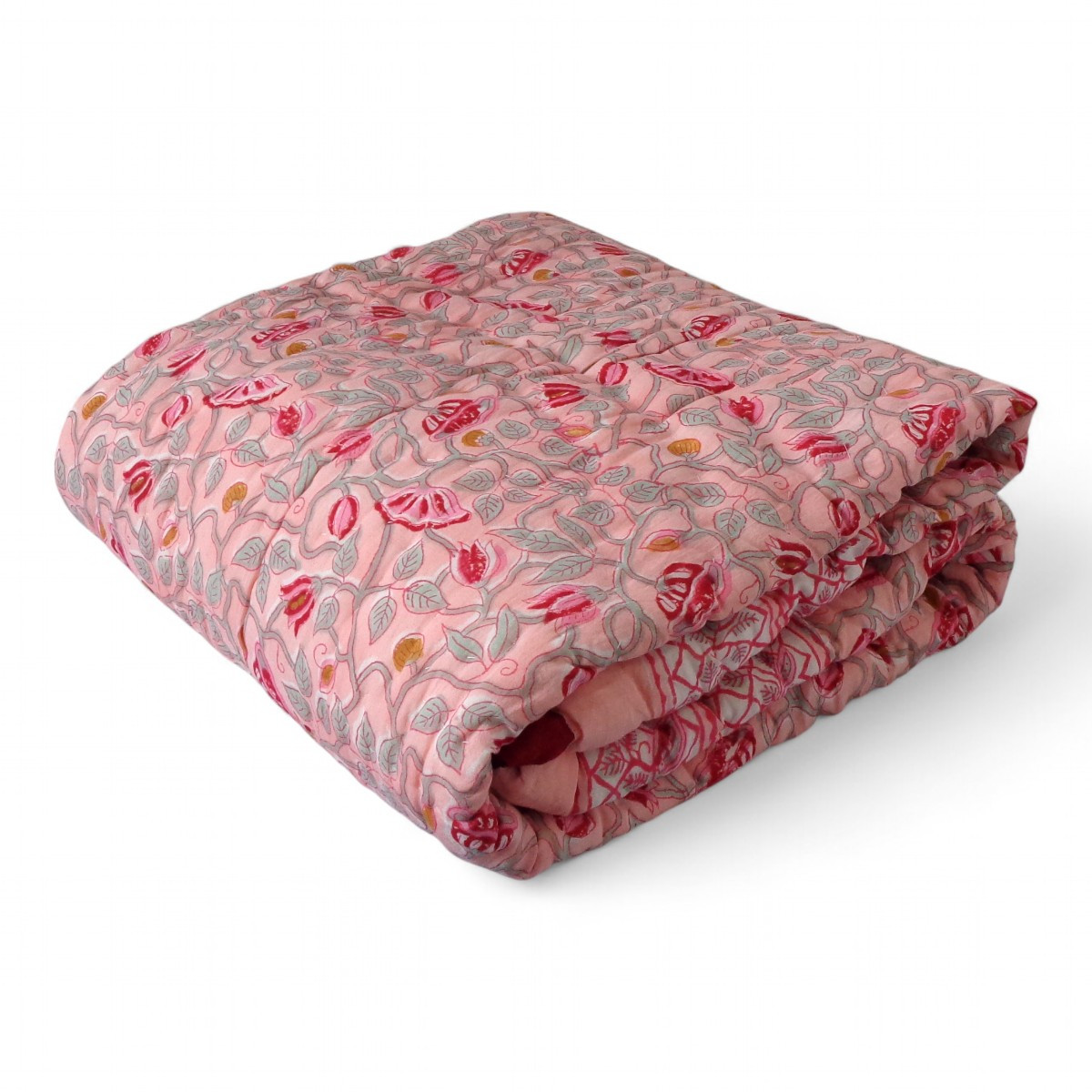 Hand Block Printed Baby Quilt  100x140 cm Jaipur Razai Waterlily Pink Gud 906174